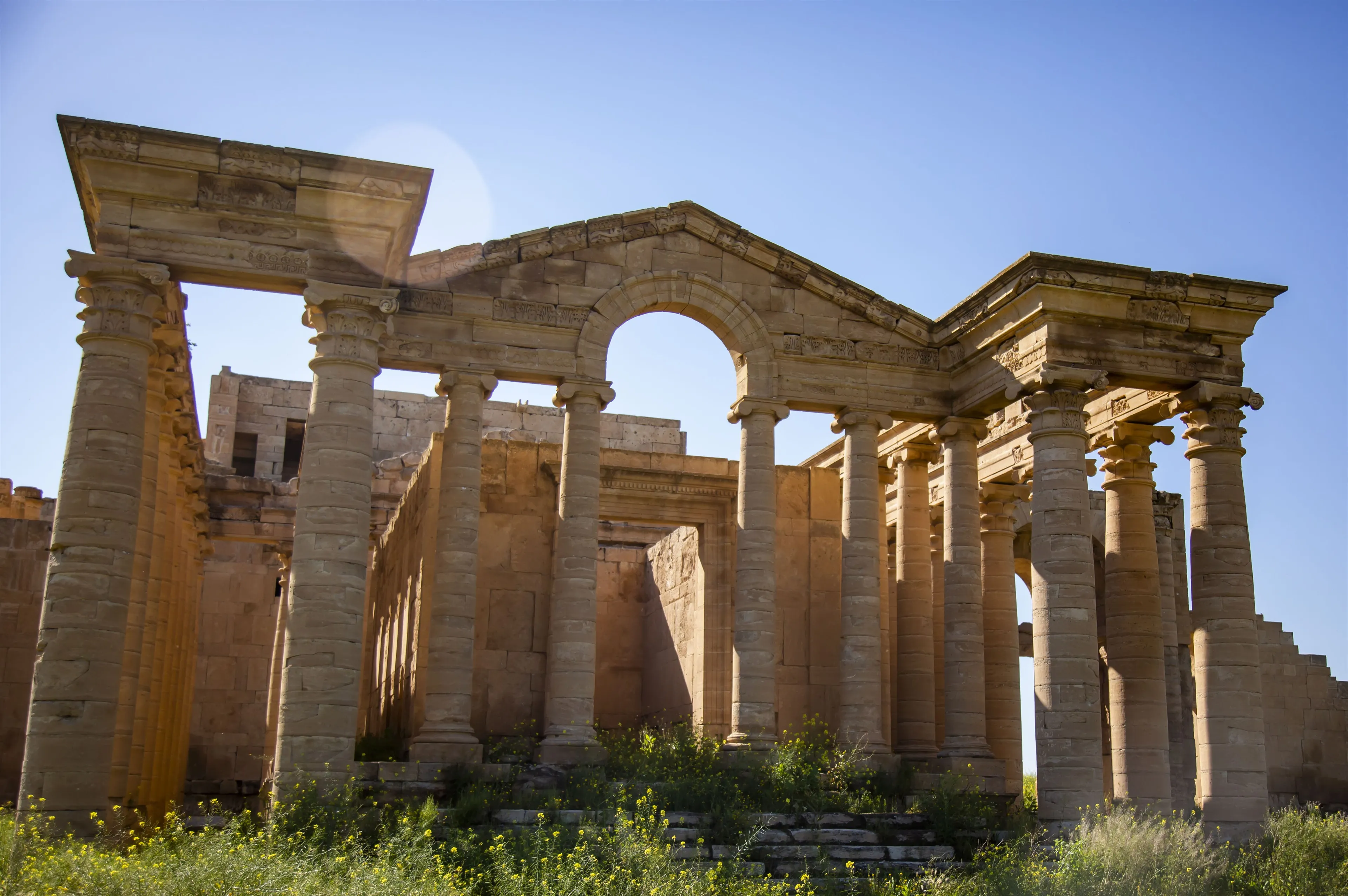 The Temple of Maren at Hatra in low golden sun, its Corinthian colonnade and central arch rising above a foreground of spring wildflowers under a deep blue sky.